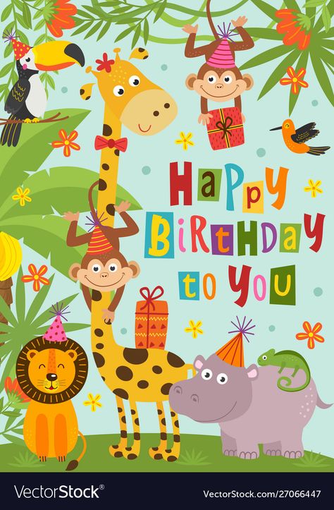 Happy Birthday Animals, Happy Birthday Drawings, Happy Birthday Illustration, Animal Theme Birthday, Simple Birthday Party, Happy Birthday Art, Birthday Card Funny, Birthday Illustration, Vintage Birthday Cards