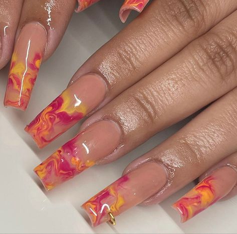 Pink and orange marble nail Marble Acrylic Nails, Orange Acrylic Nails, Orange Marble, Pedicure Nail Designs, Marble Nail, Long Acrylic Nail Designs, Plaid Nails, Simple Acrylic Nails, Classy Acrylic Nails