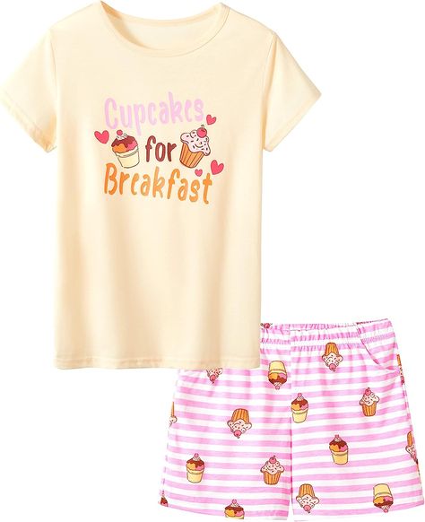 Amazon.com: Pajamas for Girls Cute Cupcakes Comfy Summer 2-Piece Clothe Set Kid Size 8: Clothing, Shoes & Jewelry Cupcake Butterfly, I Love My Niece, Cute Pink Top, Soft Pjs, Sleepover Essentials, Pajamas For Girls, Kids Pajamas Girls, Yellow Cupcakes, Girls Pyjamas