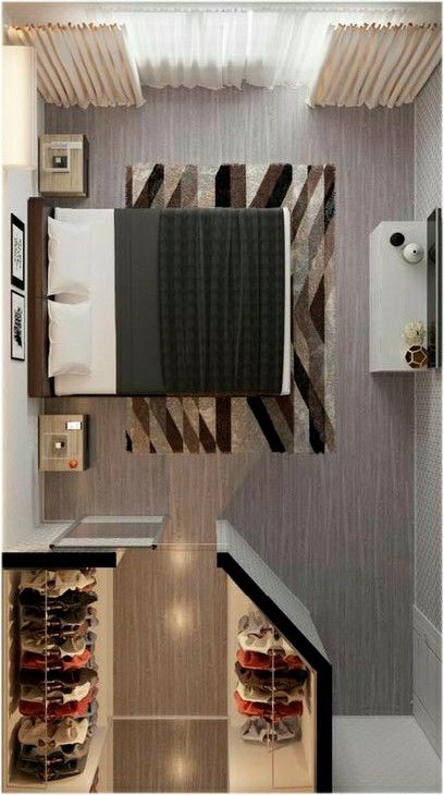 Different Bedroom Layouts, Wardrobe Partition Design Bedroom, 4x6 Bedroom Design, Small Bedroom Ideas Closet, Bedroom Decor Ideas For Small Rooms, L Shaped Bedroom Layout, Closet Behind Bed, Sleeping Room Design, Bedroom Layout Design