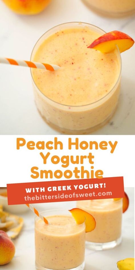 Simple Peach Honey Yogurt Smoothie! Full of fresh peaches and Greek yogurt! Perfect for breakfast or a snack! | The Bitter Side of Sweet Yogurt Smoothie, Smoothie With Honey, Yogurt Smoothie Recipes, Easy Fruit Smoothies With Yogurt, Peach Smoothie, Peaches And Cream Smoothie, Chobani Yogurt Drink, Smoothie Recipes Peach, Smoothies With Peaches