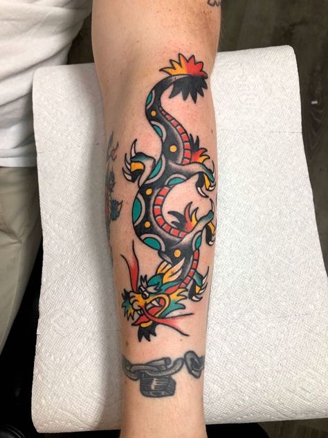 American Traditional Dragon Tattoo, American Traditional Dragon, Traditional Dragon Tattoo, Dragon Tattoo Forearm, Traditional Tattoo Dragon, Tattoo American Traditional, Back Of Leg Tattoos, Traditional Dragon, Dragon Tattoo Meaning