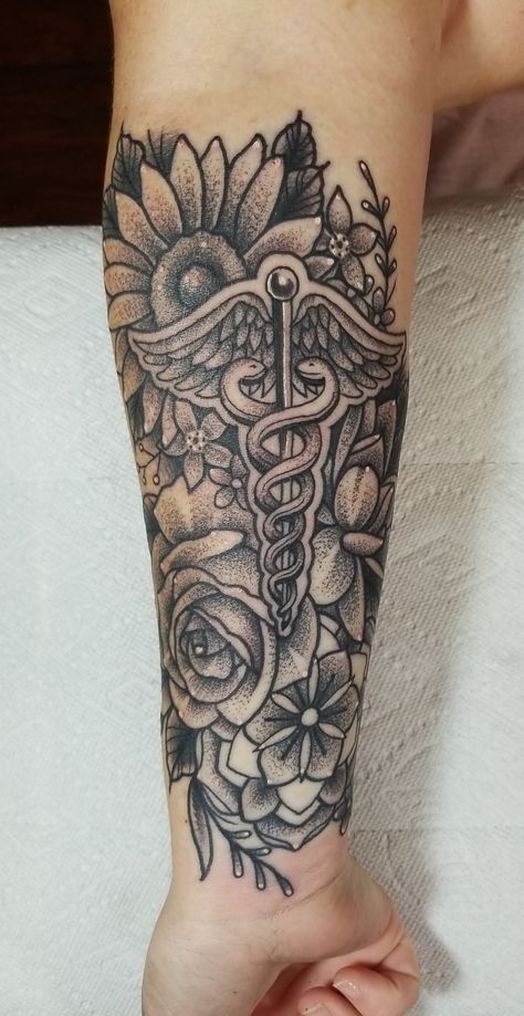 Medical Tattoo Sleeve Ideas, Pancreas Tattoo Type 1, Nurse Sleeve Tattoo, Registered Nurse Tattoos For Women, Nurse Caduceus Tattoo, Healthcare Symbol Tattoo, Scrub Life Tattoo, Emt Tattoos Female, Nurse Half Sleeve Tattoo