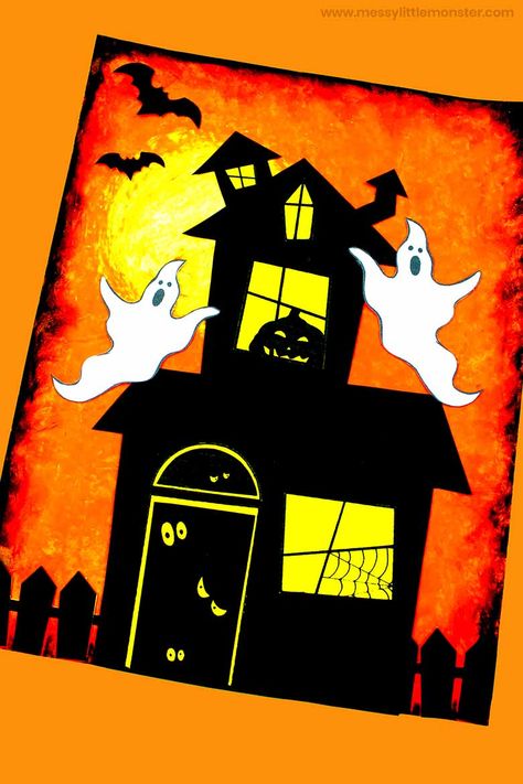 Halloween craft How To Draw A Haunted House Step By Step, Halloween Art 2nd Grade, Halloween Craft Templates, Halloween Art Ideas, Scary Halloween Crafts, Halloween Ghost Craft, Haunted House Craft, Spooky Halloween Crafts, Bricolage Halloween