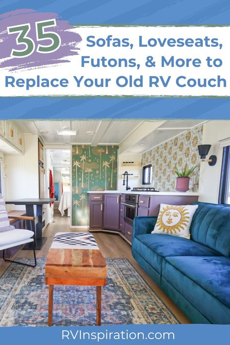 The couch that came with your RV probably leaves a lot to be desired. Even though RV couches are anchored to your camper's floor, it doesn't mean you can't rip it out and replace it with your own. In this article, we're sharing 35+ options for couches, loveseats, and futons to replace your old RV couch. #rvlivingroom #rvrenovation #rvinspiration Rv Couch, Rv Living Room, Camper Flooring, Rv Sofas, Colorful Couch, Leather Futon, Rv Makeover, Rv Renovations, Modern Loveseat