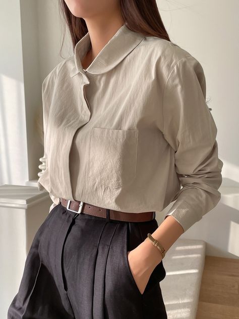 Cream Shirt Outfit Women, Ootd Moodboard, Ladies Shirts Formal, Casual Shirts Outfit, Khaki Shirt, Pocket Blouse, Shirt Outfits, Beige Shirt, Cream Shirt