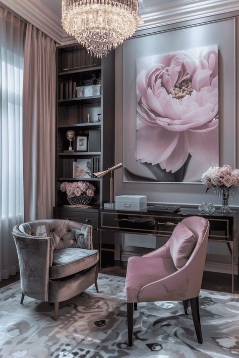 Feminine Home Office Classy, Purple Home Office, Guest Bedroom And Office, Feminine Office Space, Classy Office Decor, Feminine Home Office, Feminine Home Office Ideas, Beautiful Office Spaces, Feminine Home