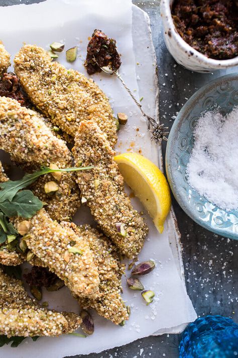 Pistachio Quinoa Dukkah Crusted Chicken Fingers with Sun-dried Tomato Pesto | halfbakedharvest.com @hbharvest Dukkah Chicken, Gluten Free Pesto, Tomato Pesto, Citrus Chicken, Half Baked, Chicken Fingers, Crusted Chicken, Half Baked Harvest, Pesto Recipe