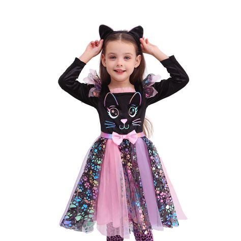 Witch And Cat Halloween Costume, Rainbow Cat Costume, Toddler Cat Costume, Cat Girl Costume, Cat Costume Kids, Cat Costume Diy, Halloween Themed Party, Halloween Costume Toddler Girl, Kitten Dress