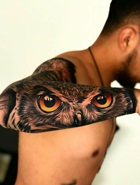 Owl Eyes Tattoo Wolf Eye Tattoo, Owl Forearm Tattoo, Owl Eye Tattoo, Mens Owl Tattoo, Colorful Owl Tattoo, Realistic Owl Tattoo, Owl Tattoo Sleeve, Herren Hand Tattoos, Owl Tattoo Drawings