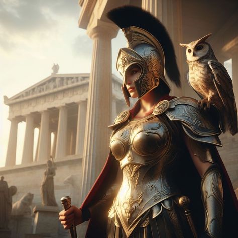 Athena is the goddess of wisdom, warfare, and crafts. She is often depicted wearing a helmet and holding a shield, representing her strategic intellect and her role as a protector of cities. Athena's owl is a symbol of wisdom. ( ♡ Follow for More ♡ ) Athena Warrior Goddess, Athena Goddess Aesthetic, Athena Goddess Art, Athena Helmet, Athena Aesthetic, Athena Art, Pallas Athena, Athena Greek Goddess, Athena Goddess Of Wisdom