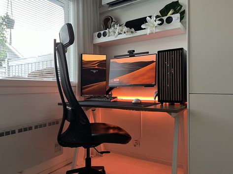 Sleek Gaming Desk Setup Dual Monitor Setup Home Office Ideas, Office Decoration Ideas, Desk Setup Ideas, Modern Office Interior, 40 Gifts, Dual Monitor Setup, Gaming Desk Setup, Modern Office Interiors, Desk Setups