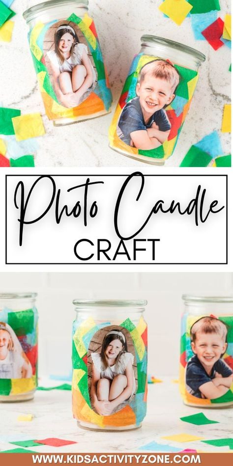 This easy DIY Photo Candle Craft is so easy to make and the best gift for Mother's Day, Grandparents Day, Christmas, and more! All you need is an inexpensive candle from the dollar store, tissue paper, Mod Podge and a picture of your child. Make this easy homemade gift for all occasions. Store Tissue Paper, Candle Pictures Diy, Diy Photo Candles, Diy Candle Gift, Homemade Snow Globes, Photo Candle, Candle Holder Crafts, Kids Candles, Easy Homemade Gifts