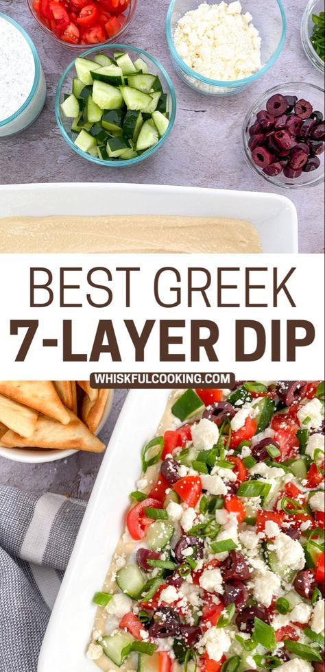 Top picture has all the ingredients in separate bowls and the bottom has the Greek 7-Layer Dip in a dish with pita chips on the side Greek Chip Dip, Hummus Tzatziki Dip, 7 Later Greek Dip, Hummus Feta Cucumber Dip, Seven Layer Greek Dip, 7 Layer Greek Hummus Dip, Hummus Layer Dip Recipe, Greek Hummus Dip Layered, Greek Dip 7 Layer