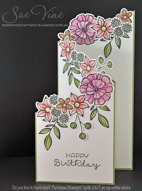 Su Falling Flowers Cards, Stampin Up Falling Flowers, Cascading Card, Falling Flowers, Step Card, Tri Fold Cards, Pink Crafts, Card Folds, Fun Folds