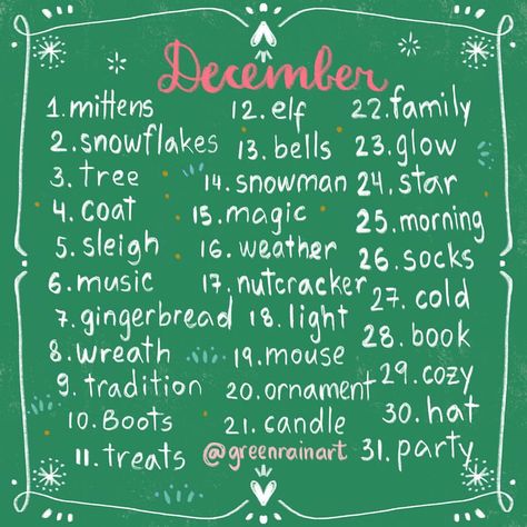 December #drawingprompts list I put together to keep up the flow of my art practice. Please feel free to join me! #illustrationprompts… December Drawing Prompts, December Art Challenge, Cozy December, December Art, December Challenge, Art Challenges, Drawing Ideas List, Drawing Prompts, Altered Book Art