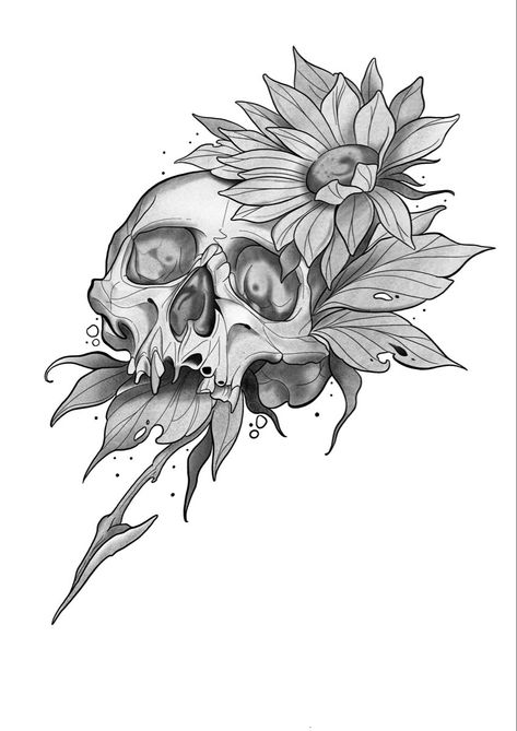 Flower Skull Drawing, Sunflower And Skull Tattoo, Skull And Sunflower Tattoo, Sunflower Skull Tattoo, Otto Tattoo, Skull With Sunflowers, Skull And Sunflower, Tiktok Drawings, Tattoo Linework