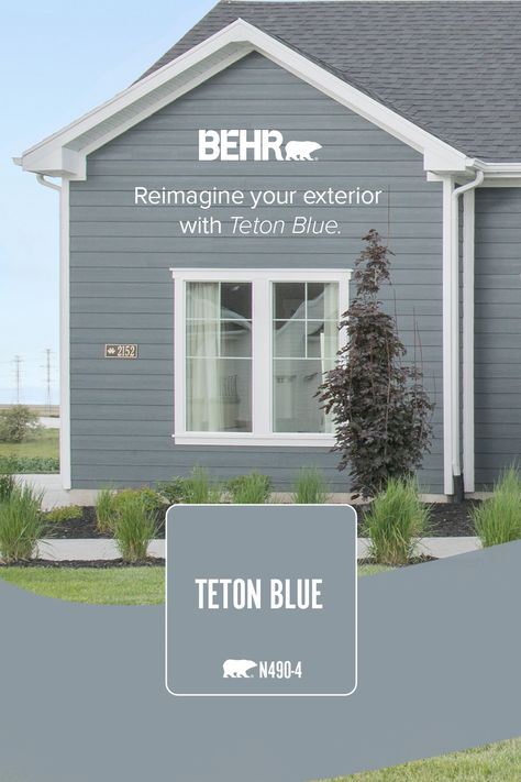 Reimagine your exterior with Teton Blue, a neutral hue that brings just the right colorful touch to your home. Gray Blue Home Exterior, Bluish Gray House Exterior, Blue Grey Siding Houses, Light Grey Blue Exterior House Colors, Exterior House Blue Colors, Grey Blue Exterior Paint, Dusty Blue Exterior House, Blue Craftsman House Exterior, Gray Blue House Exterior