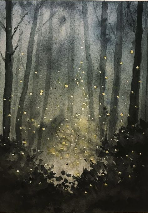 Fireflies Watercolor Paintings, Day And Night Watercolor Painting, Watercolor Glow Effect, Firefly Watercolor Paintings, How To Draw Fireflies, Firefly Painting Ideas, How To Draw A Firefly, Dark Forest Watercolor, Watercolor Art Forest