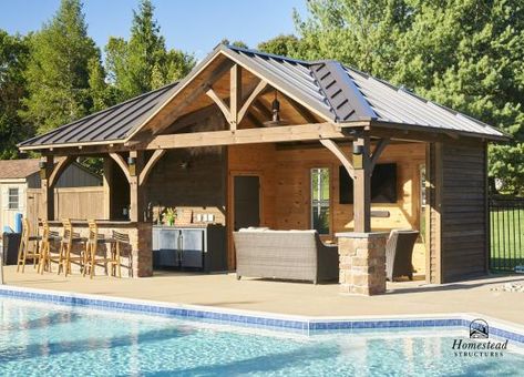 A Custom Timber Frame Avalon with Bar, Lounge, & Storage Outdoor Pavilion With Bathroom, Pool Pavilion Ideas With Bathroom, Pond Pavilion Ideas, Pool Shed With Bathroom, Country Outdoor Patio Ideas, Rustic Pool House Ideas, Poolside Pavilion, Pool House With Bar, Pool House Ideas Backyards