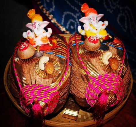 DIY shagun nariyal decoration for roka ceremony Roka Ceremony Decoration At Home Diy, Roka Ceremony Thali, Roka Ceremony Gifts, Roka Ceremony Decoration At Home, Shrifal Decoration For Engagement, Roka Decoration, Nariyal Decoration Indian Weddings, Coconut Decoration For Engagement, Captions For Instagram Stories