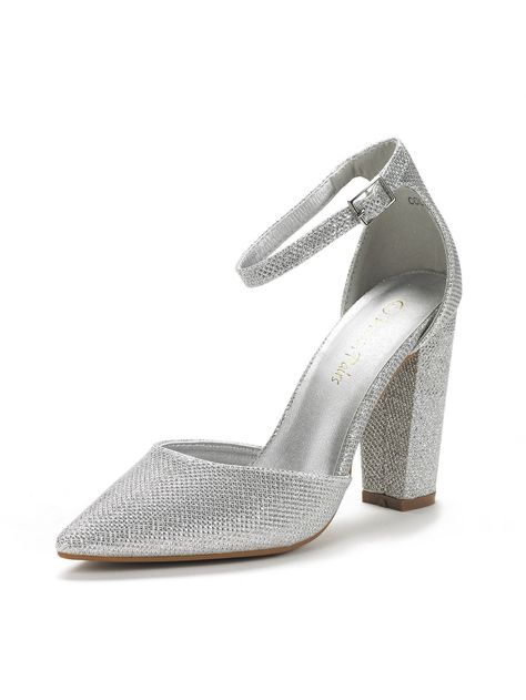 Silver Fashionable Collar   Plain Ankle Strap Embellished   Women Shoes Chunky Pumps, Shoes Silver, Mid Heels Pumps, Chunky Heel Pumps, Classic Heels, Point Shoes, Chunky Heels Sandals, Ankle Strap Pumps, Strap Pumps