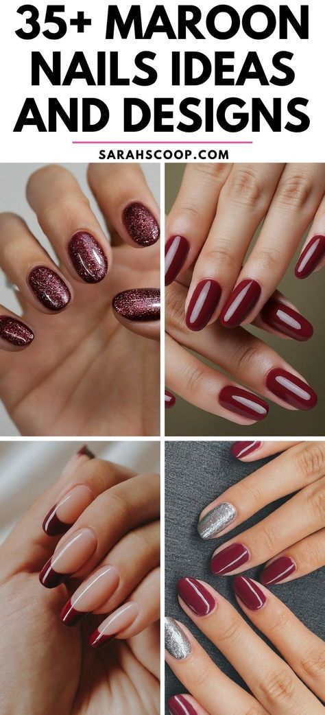 Get ready to turn some heads with these 35+ bold, maroon, and burgundy nail designs. Perfect for adding a splash of drama to any outfit, these nail designs are all you need to revamp your look. #NailArt #MaroonNails #BurgundyNails Pretty Maroon Nails, Burgundy Nails Simple Design, Burgundy Gel Manicure, Dark Red Manicure Design, Bridesmaid Nails For Burgundy Dress, Crimson Nail Ideas, Wine Nail Color Design, Pink And Wine Nails, November Nails Maroon