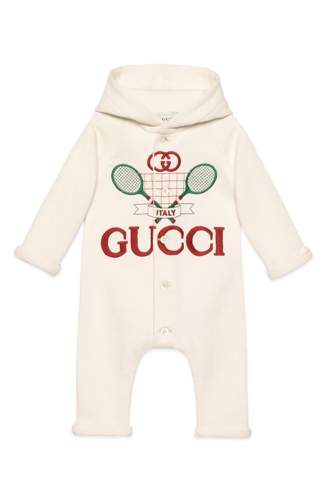 Gucci Embroidered Logo Hooded Romper available at #Nordstrom Luxury Baby Fashion, Gucci Baby, Climbing Clothes, Infant Clothes, Kids Clothing Brands, Gucci Outfits, Gucci Kids, Kids Boutique Clothing, Luxury Baby