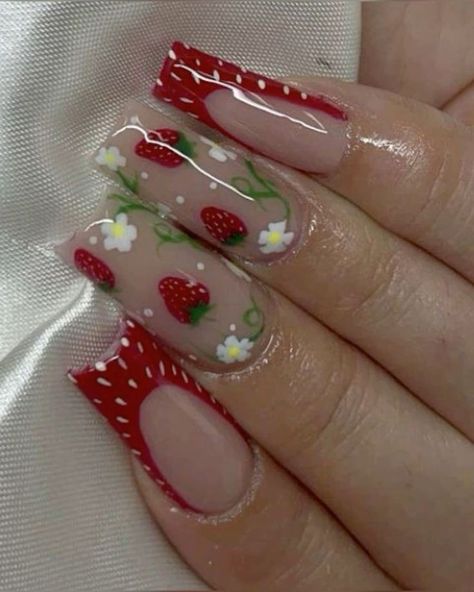 Nail Arts Ideas, Nail Art Designs 2023, Strawberry Nail Art, Strawberry Nails, Nails Design Ideas, Arts Ideas, Summery Nails, Girly Acrylic Nails, Cute Acrylic Nail Designs