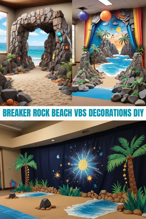 breaker rock beach vbs 2024 decorations diy #breaker #vbs #vbs2024 #summerhomedecor #rockbeach #breakerbeach2024 Breaker Rock Beach Vbs 2024 Crafts Diy, Thunder Island Vbs Decorations, Vbs Decorations Breaker Rock Beach, Hometown Nazareth Vbs Decorating, Lifeway Vbs 2024 Breaker Rock Beach Classroom Decorations, Diy Breaker Rock Beach Decor, Beach Stage Decor, Breaker Rock Vbs Decorations, Breaker Rock Beach Vbs 2024 Decorations Missions