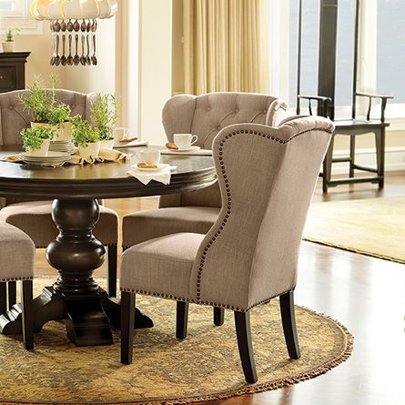 Arhaus Greyson Tufted Upholstered Dining Side Chair In Cement And Black ... I love the table and especially those chairs! Natural Dining Chairs, Wingback Dining Chair, Table With Chairs, Rustic Dining Furniture, Arhaus Furniture, Pedestal Dining Table, Outdoor Dining Furniture, Affordable Furniture, Ikea Hacks