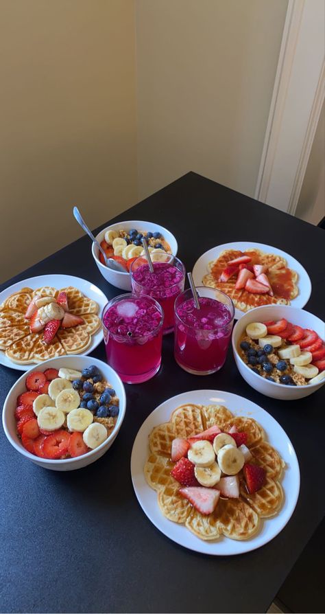 3 Sets of Breakfast that includes waffles and açaí bowls with fruits on both Breakfast Friends Aesthetic, Leavers Breakfast, Breakfast With Friends Aesthetic, Birthday Breakfast Aesthetic, Brunch Aesthetic Friends, Brunch With Friends Aesthetic, Waffles And Fruit, Waffles Brunch, Breakfast With Friends