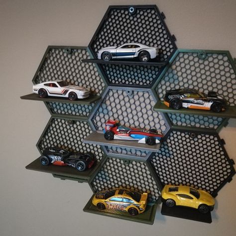 3D Printable Wexagon - Hexagon Shelves (remix for displaying Matchbox cars) by medyk3D Matchbox Cars Display, Car Model Display, Diecast Cars Display, Hot Wheels Display, Cool Garages, Hexagon Shelves, 3d Printing Projects, Toy Display, Automotive Decor