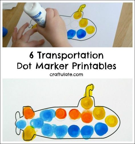 6 Transportation Dot Marker Printables - car, train, boat, airplane, submarine and truck Water Transport Craft For Preschool, Submarine Activities Preschool, Sea Transportation Preschool Activities, Water Transportation Preschool Crafts, Water Transportation Activities, Transportation Crafts For Preschoolers, Submarine Craft, Christmas Vinyl Projects, Preschool Transportation