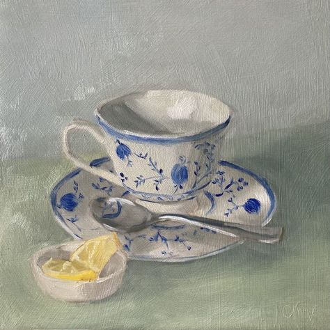 Teacup Drawing Vintage, Painting Of Tea Cup, Vintage Teacups Antique, Paintings Of Tea Cups, Teacup And Saucer Drawing, Teacup Still Life, Blue Teacup Aesthetic, Cup Of Tea Painting Acrylic, Teacup Oil Painting