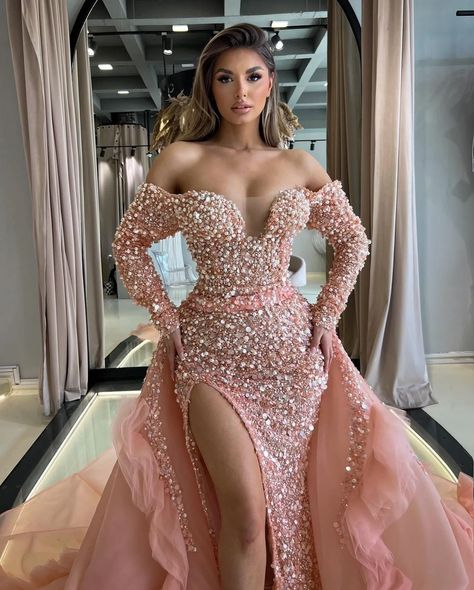 Pink Prom Dresses Mermaid, Off Shoulder Evening Gown, Detachable Train, Plus Size Gowns, Pink Mermaid, Red Carpet Gowns, Long Sleeve Evening Dresses, Women's Evening Dresses, Women Formals