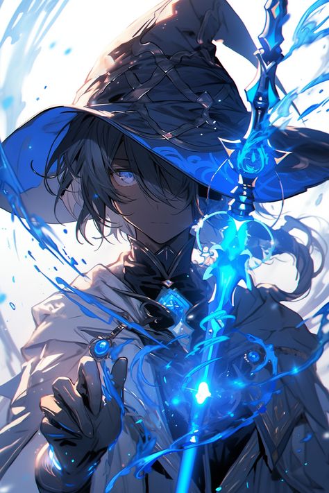 Ice User Character Design, Mage Character Art, Anime Wizard, Blue Hair Anime Boy, Magic Energy, Pastel Galaxy, Blue Magic, Spirited Art, Concept Art Character