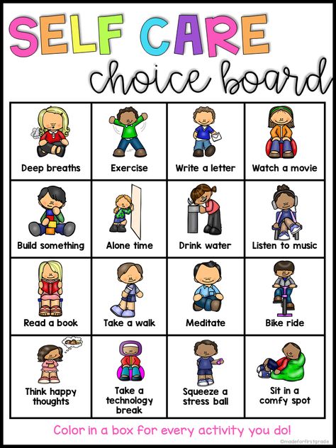 Self Care Choice Board for Primary Students! Self Care For Preschoolers, Self Care Preschool Activities, Classroom Self Care Station, Social Emotional Learning Activities 1st Grade, Self Care Activities For Kids, Self Care Crafts, Self Care Chart, Self Regulation Activities For Kids, Self Care For Kids