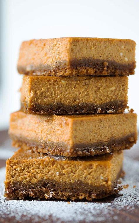 Maple Pumpkin Cheesecake Bars are the perfect dessert for any special occasion! It's all made in the food processor! Recipe on http://tablefortwoblog.com Maple Pumpkin Cheesecake, Maple Cheesecake, Cheesecake Bar, Thanksgiving Baking, Pumpkin Cheesecake Bars, Cookie Sandwich, Maple Pumpkin, Sweet Temptation, Pumpkin Pie Bars