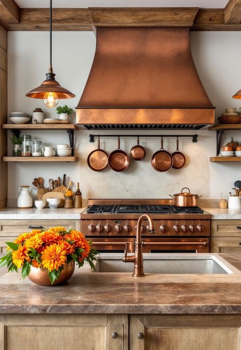 Rustic Kitchen White Kitchen Copper Accents, Copper Fixtures Kitchen, Copper Accents In Kitchen, Copper House Accents, Copper Appliances Kitchen, Copper Accents Kitchen, Copper Taps Kitchen, White Copper Kitchen, Copper Backsplash Kitchen