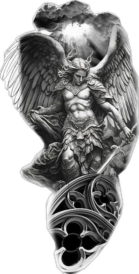 Gabriel Tattoo, Mens Side Tattoos, Jesus Tattoo Sleeve, Angel Warrior Tattoo, St Michael Tattoo, Geometric Tattoo Sleeve Designs, Female Warrior Tattoo, Archangel Tattoo, Aztec Tattoo Designs