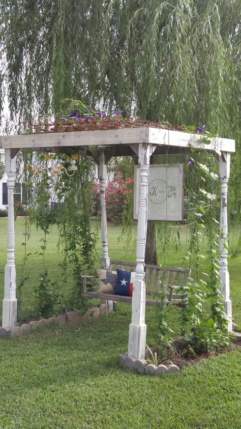 Garden Serenity Garden Arbor made from Vintage Porch Posts and topped with rusty bedsprings. Kinder Creations "Mike & I" Garden Entryway Ideas, Garden Archway Ideas, Garden Arbor Ideas, Memorial Garden Ideas, Entrance Arbor, Campground Ideas, Arbor Ideas, Garden Archway, Backyard Structures