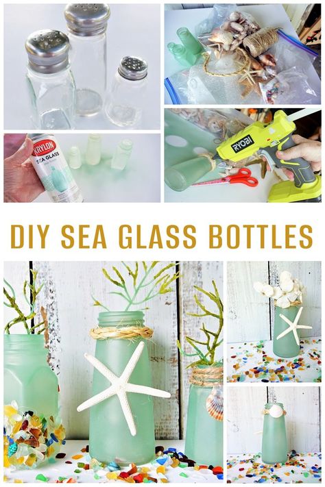 Sea Glass Spray Paint, Sand Art Diy, Sea Glass Bottles, Nautical Bottle, Diy Halloween Art, Diy Bottles, Glass Spray Paint, Jars Decor, Sea Glass Decor