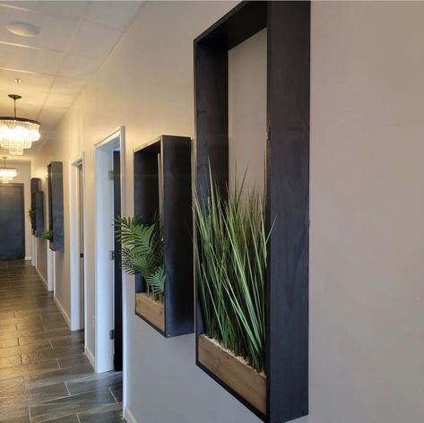 Indoor Plant boxes Coffee Shop Plant Wall, Plant Boxes Indoor, Business Entryway Ideas, Wall Cubby Decor, Huge Wall Decor Ideas, Plant Wall Living Room, Plant Wall Ideas Indoor, Office With Plants, Indoor Plant Wall