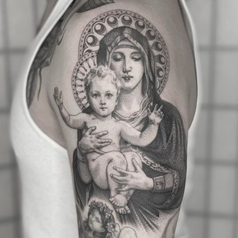 Mary and the baby Jesus for my homie @sherwin__k Done @hudsonvalleytattooco . Currently booking for Nov/Dec. Email me at hiten.damodar@gmail.com DM me or contact @hudsonvalleytattooco to book! . . . . . . . #tattoo #finelinetattoo #blackandgreytattoo #jesustattoo #marytattoo #blackclawneedle # Mary Tattoo, Black Claws, Jesus And Mary, Jesus Tattoo, Book Tattoo, Mary And Jesus, Fine Line Tattoos, Baby Jesus, Black And Grey Tattoos