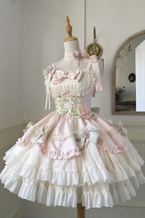 Fabric: Dark jacquard, 4-Way Stretch Fabric Color: Pink/Ivory Feature: Multi-layer, Ruffle, Bowknot, Lace Style: Sweet Include: Dress*1 (Any of the accessory is not included.) Size (IN) Bust Waist Length S 31.50-35.43 25.20-29.13 31.50 M 33.07-37.01 26.77-30.71 32.09 L 34.65-38.58 28.35-32.28 32.68 Size (CM) Bust Waist Length S 80-90 64-74 80 M 84-94 68-78 81.5 L 88-98 72-82 83 Whimsical Fashion Outfits, Fairy Outfits Aesthetic, Soft Green Outfit, Pink And Green Clothes, Refreshing Outfits, Green Garden Dress, Fairy Powers, Pink Fairy Aesthetic, Fairy Kei Hair