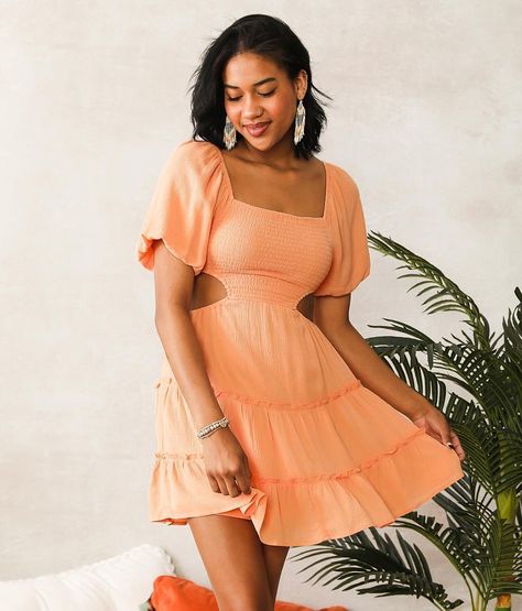 Willow & Root Open Back Ruffle Dress - Women's Dresses in Coral | Buckle Coral Dress Outfit, Ruffle Short Dress, Coral Sundress, Cute Sundresses, Crinkle Dress, Cute Sundress, Rush Dresses, Preppy Dresses, Olive Green Dresses