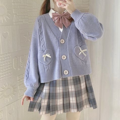 Pastel Kawaii Aesthetic, School Coat, Cardigan Y2k, Outfit Cardigan, Japan Kawaii, The Cardigans, Spring Knits, Old Sweater, Cropped Knit Sweater