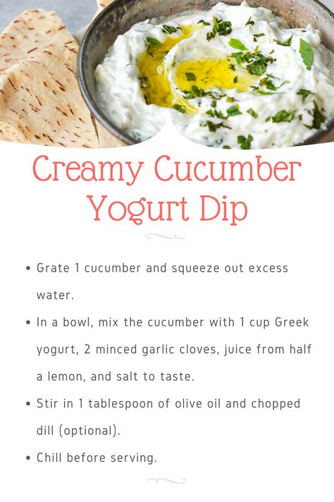 Elevate your snack game with this creamy cucumber yogurt dip, also known as Tzatziki. Made with Greek yogurt, grated cucumber, garlic, and a hint of lemon, this dip is perfect for veggies, pita, or grilled meats. #Tzatziki #HealthySnacks #MediterraneanFood #DipRecipes #CucumberLove Cucumber Yogurt Dip, High Protein Feta Cucumber Dip, Veggie Dip Greek Yogurt, Dill Dip Greek Yogurt, Greek Yogurt Cucumber Dip Tzatziki Sauce, Cucumber Yogurt, Creamy Cucumbers, Game Snacks, Yogurt Dip