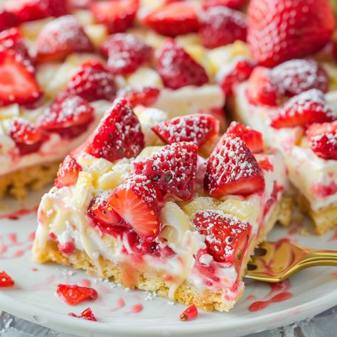 Easy Strawberry Cream Cheese Squares—a delightful treat that combines the sweetness of strawberries with the creaminess of cream cheese. These squares are perfect for satisfying your sweet tooth or impressing guests at your next gathering. With a buttery crust, creamy filling, and fresh strawberry topping, Strawberry Cheesecake Squares, Strawberry Cream Cheese Recipes, Sumner Desserts, Strawberry Cream Cheese Crumble, Strawberry Cream Cheese Brownies, Strawberry Cream Cheese Bars, Strawberry Swirl Cheesecake Bars, Strawberry Cream Cheese Tart, Strawberry Cream Cheese Dessert